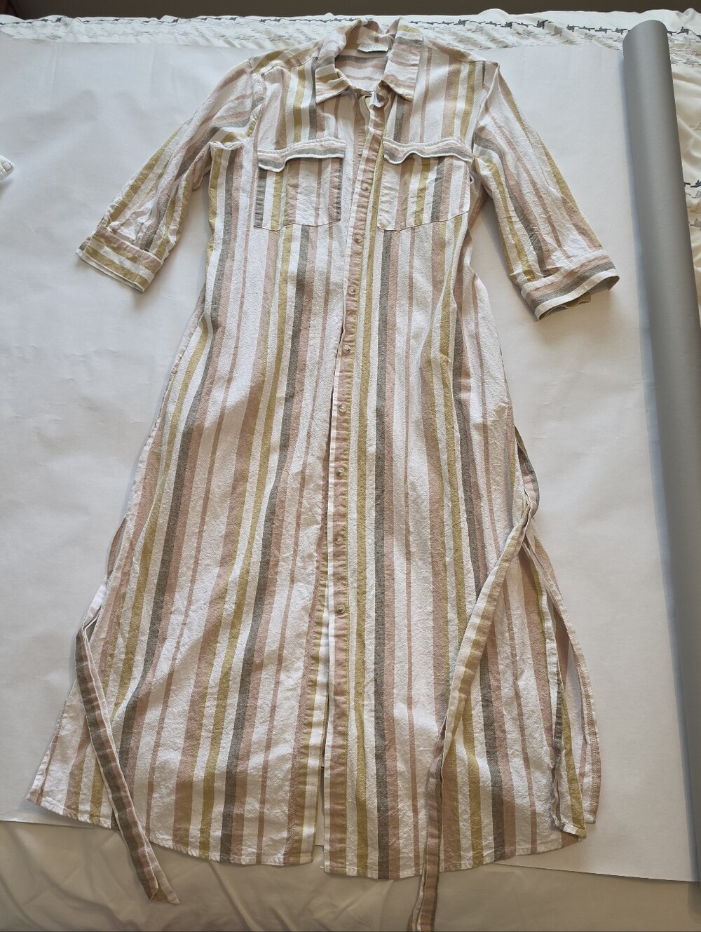 Dress Forum Women's Striped Button-Front Shirt Dress in Pink and Tan Size M